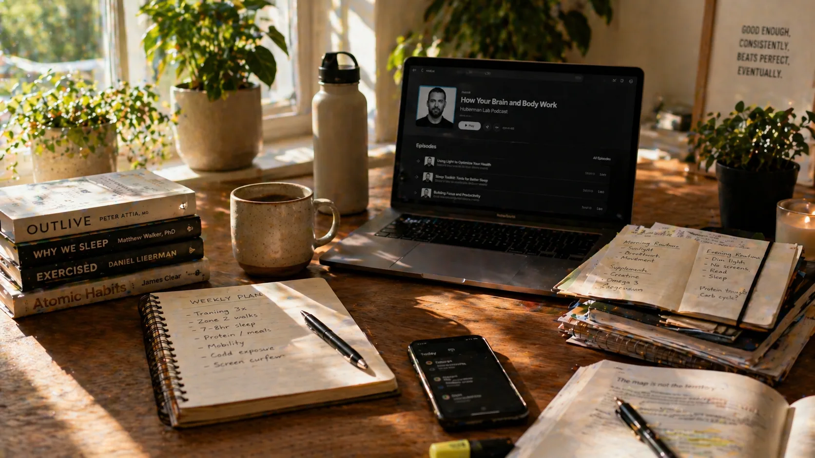 A person balancing health optimization advice with sustainable daily habits